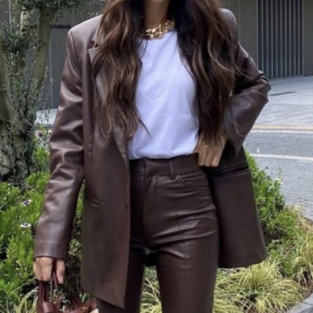 NWT Zara XS Faux Leather Blazer Jacket Espresso Brown Button-up Vegan Leather